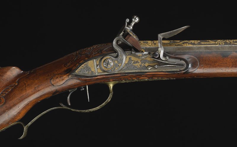 Closeup of firing mechanism of Catherine the Great's Russian Jaeger flintlock rifle, c. 1730. L.373.2012.52