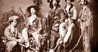 A Treasure from Our West: The "Flamboyant Fraternity": left to right, Elisha P. Green, James Butler Hickok, William F. Cody, John B. "Texas Jack" Omohundro, and Eugene Overton, 1873. R.H. Furman photograph. Museum Purchase, Garlow Collection. P.6.908