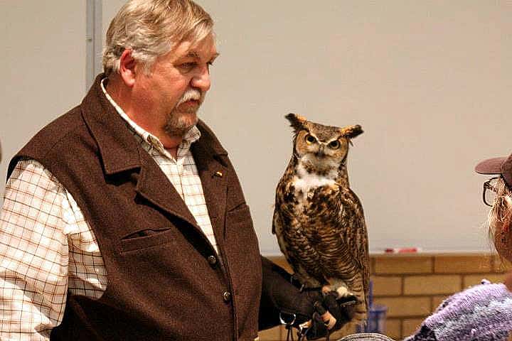 Volunteer Bud showing off Teasdale, our handsome great-horned owl, at one of the Buffalo Bill Center of the West winter programs.