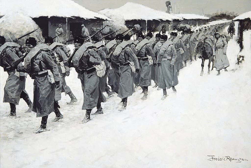 Figure 20. Frederic Remington (1861-1909). Russian Infantry Going to the Front, c. 1904. Oil on canvas, b/w. Private Collection. (CR# 02715)