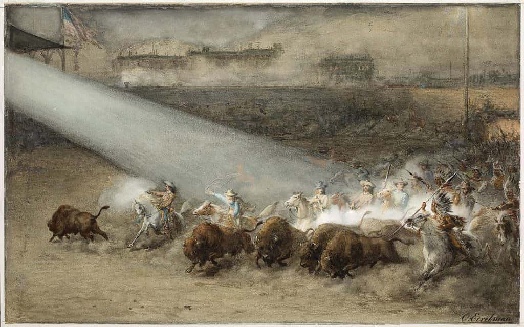 Otto Eerleman (1839-1926). "Buffalo Bill and the Wild West Show," ca. 1887. Watercolor, 27.25 x 38.625 inches (framed). Gift of Sue and Wes Dixon. 4.15.2
