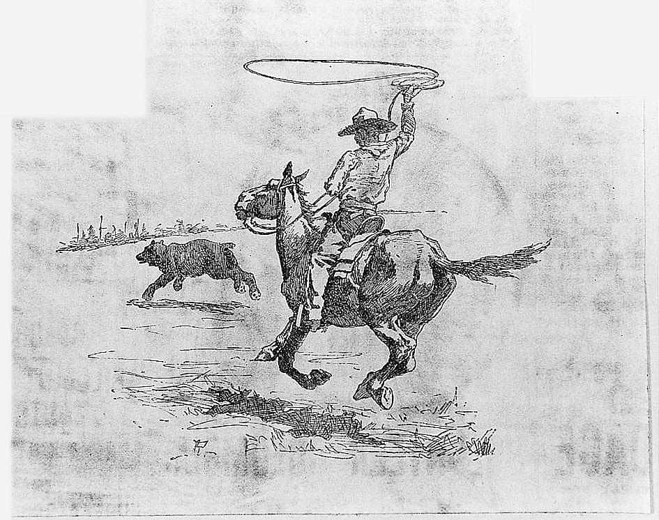Untitled ("Big Game in Toils," cowboy lassoing bear)