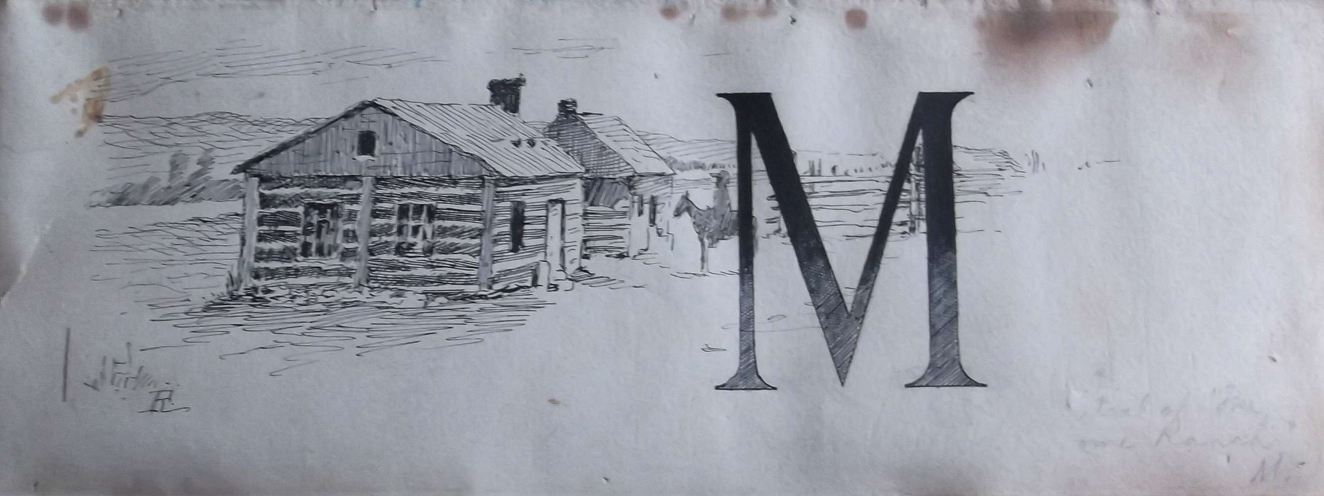 Untitled (Ranch Life and the Hunting-Trail, initial-piece for letter M, ranch)