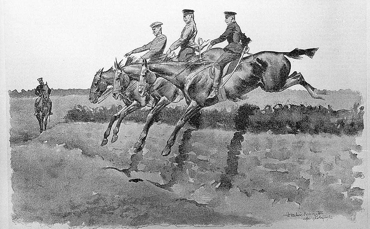Untitled ("The Military Riding-School of Germany," three horsemen jumping hedge)