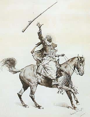 Untitled ("A New World Fable," headpiece, mounted Arab tossing rifle in air)