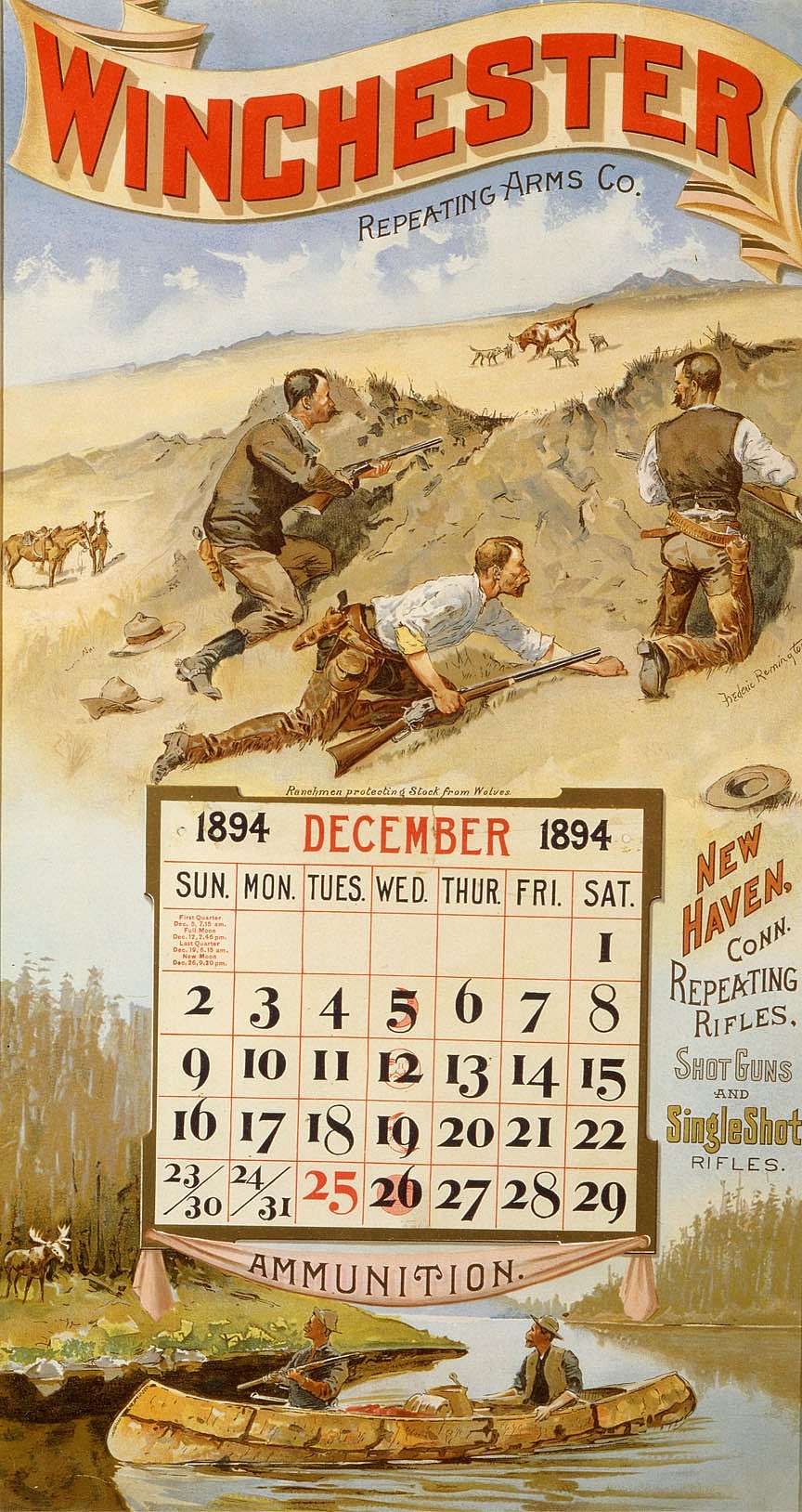 Winchester Calendar, Ranchmen Protecting Stock from Wolves and a Surprise Party