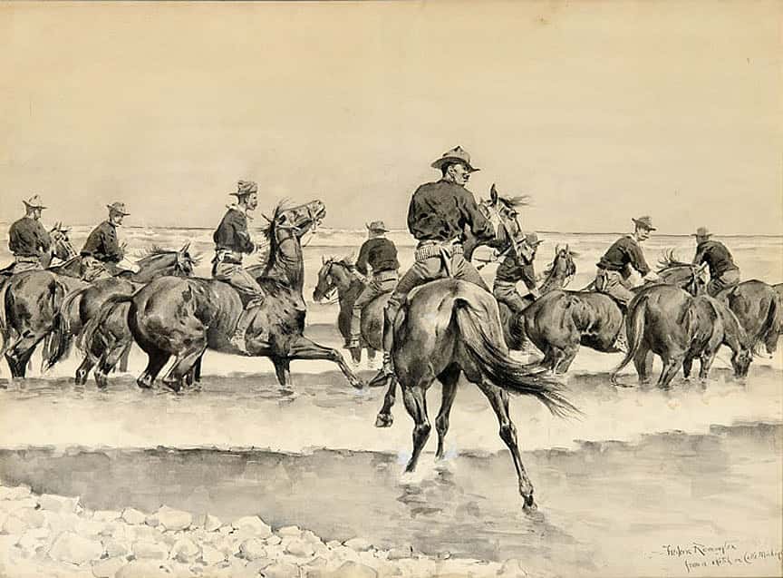 Watering the Texas Horses of the Third Cavalry in Lake Michigan