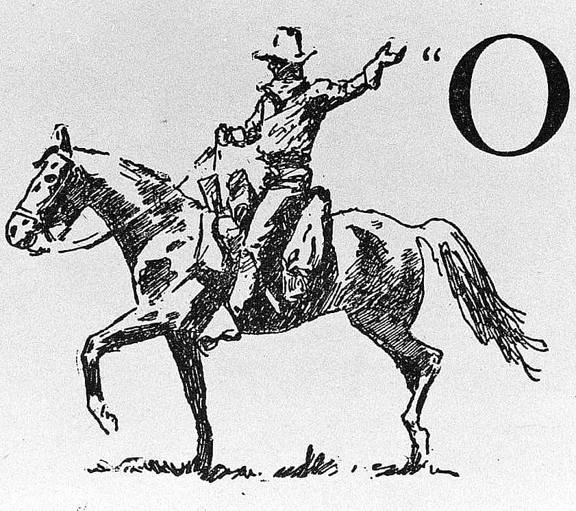 Untitled (John Ermine of the Yellowstone, intial-piece for letter O, mounted cowboy)