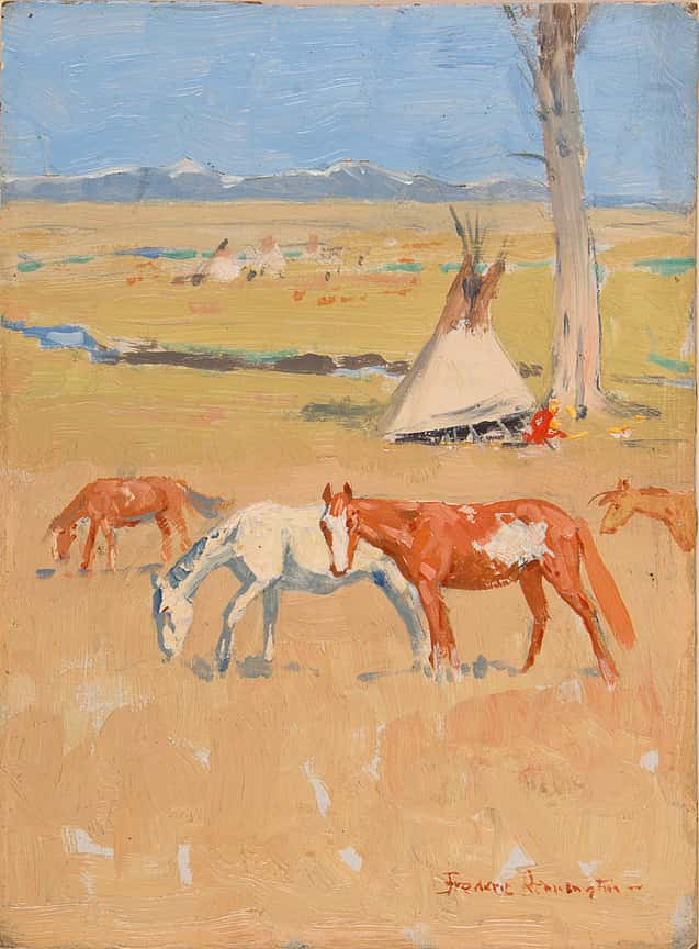 Untitled (Native American Ponies in Landscape with Tipi and Mountains)