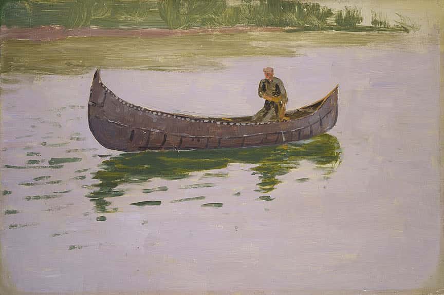 Untitled (birchbark canoe and paddler)