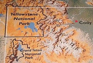 Cody is just east of Yellowstone. Tile map in our Draper Natural History Museum