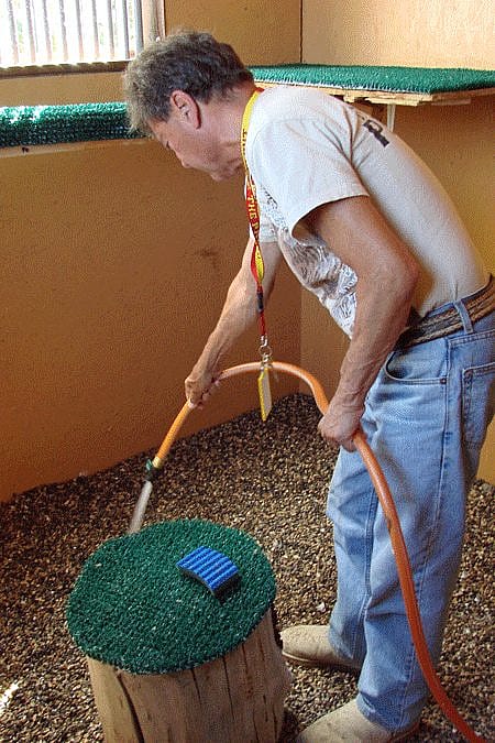 Richard washing down the gravel in Isham‘s mew at the Greater Yellowstone Raptor Experience