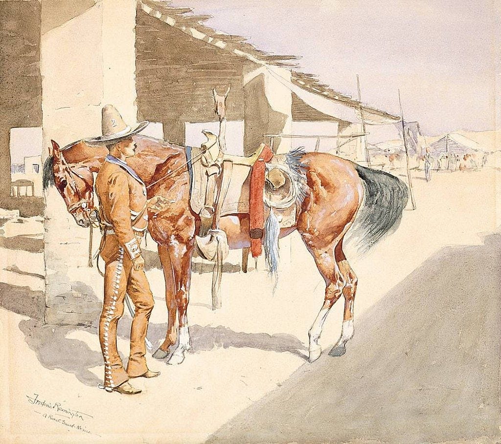Figure 10c. Frederic Remington (1861-1909)."A Rural Guard -- Mexico" , 1893. Ink and watercolor on paper . Private Collection (CR# 01651)