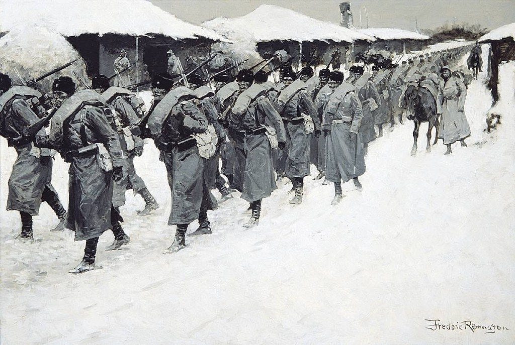 Figure 20. Frederic Remington (1861-1909). Russian Infantry Going to the Front, c. 1904. Oil on canvas, b/w. Private Collection. (CR# 02715)