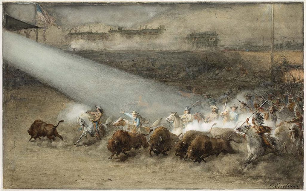 Otto Eerleman (1839-1926). "Buffalo Bill and the Wild West Show," ca. 1887. Watercolor, 27.25 x 38.625 inches (framed). Gift of Sue and Wes Dixon. 4.15.2