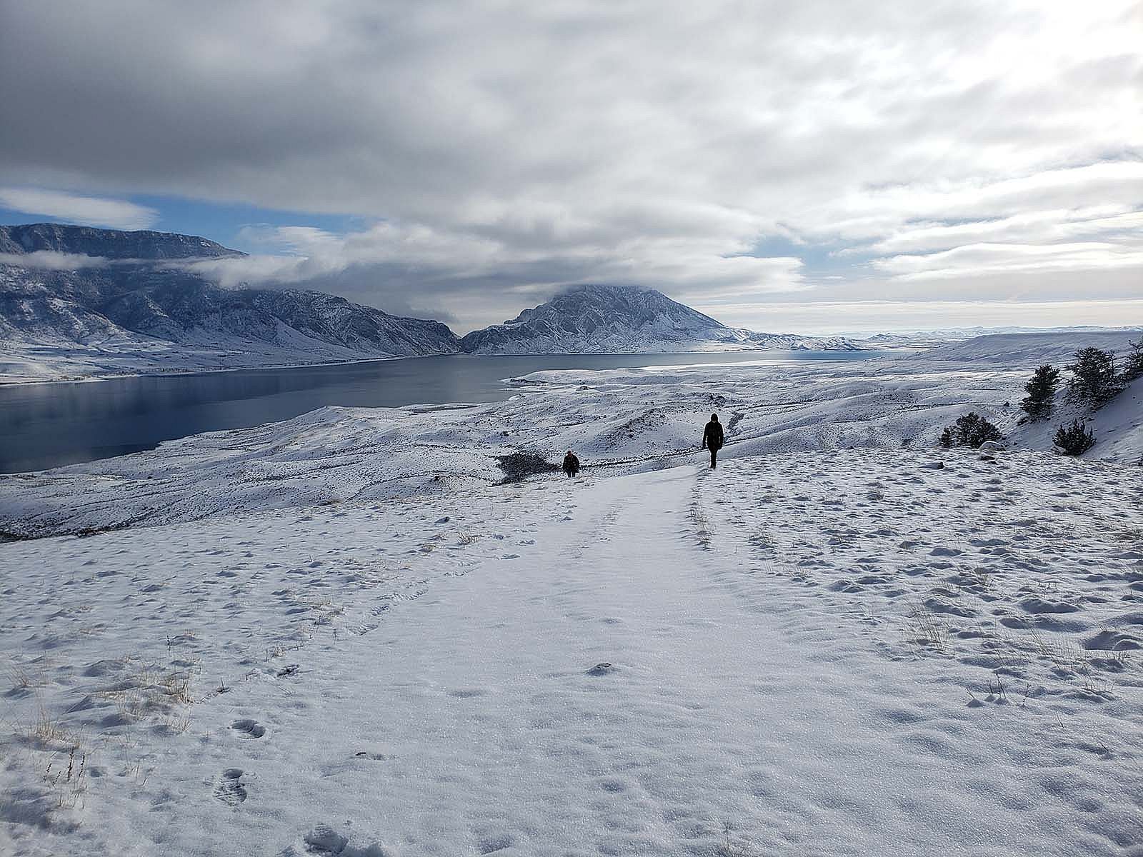 Two researchers walking in a snowy landscape with water and mountains in background; Pinyon Jay survey.