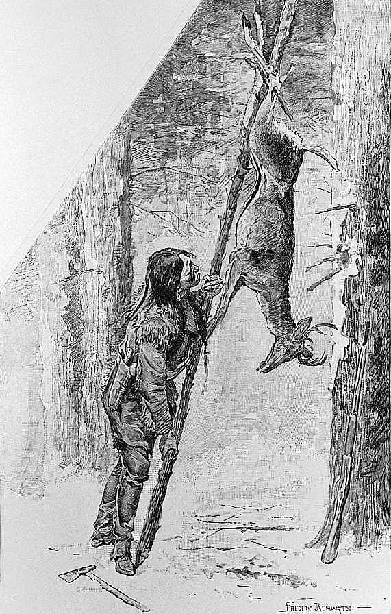 Indian Hunter Hanging Deer out of Reach of Wolves