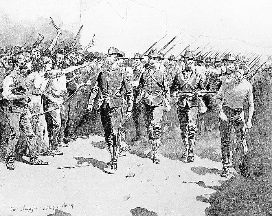 The Chicago Strikes--United States Infantry in the Stock Yards. "To Hell with the United States Government!"