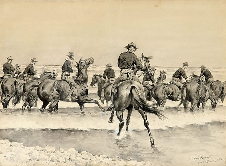 Watering the Texas Horses of the Third Cavalry in Lake Michigan
