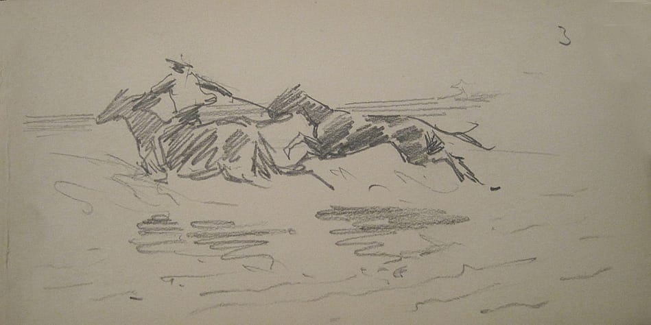 Untitled sketch (With the Regulars at Port Tampa, Florida--Colored Troopers of the 9th U.S. Cavalry Taking Their Horses for a Dash into the Gulf )