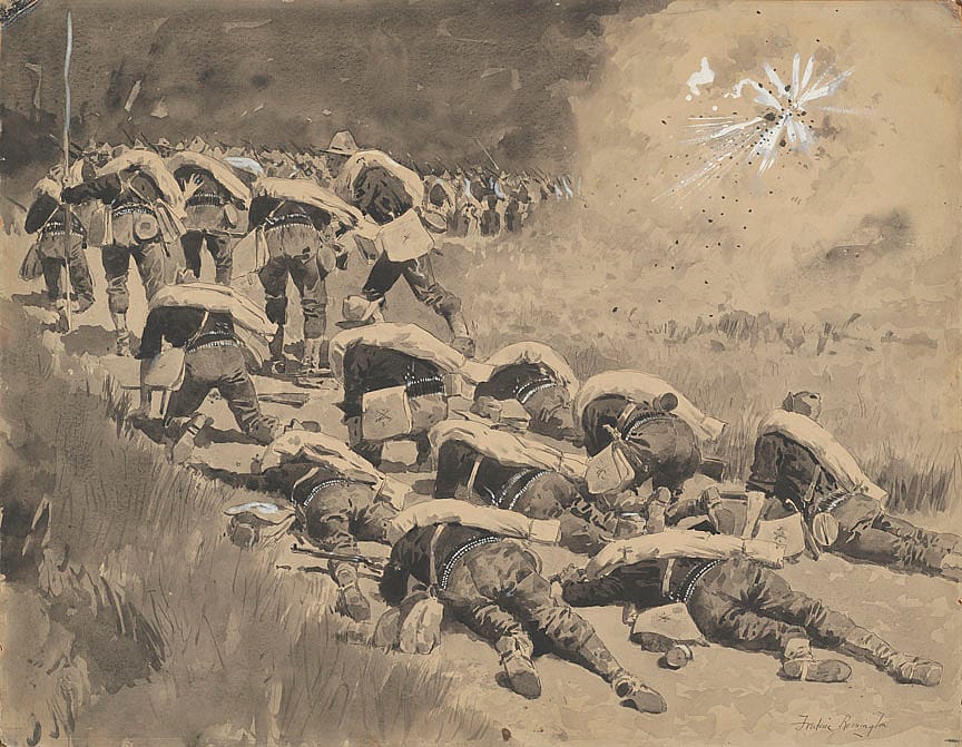 Shrapnel Coming Down the Road. Soldiers Lying Down in Front of It