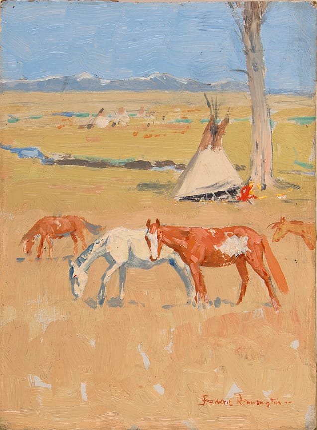 Untitled (Native American Ponies in Landscape with Tipi and Mountains)