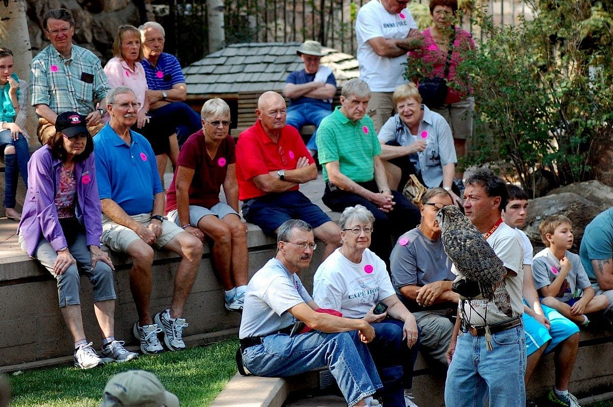 A large crowd admires Teasdale during a summer program of the Raptor Experience.