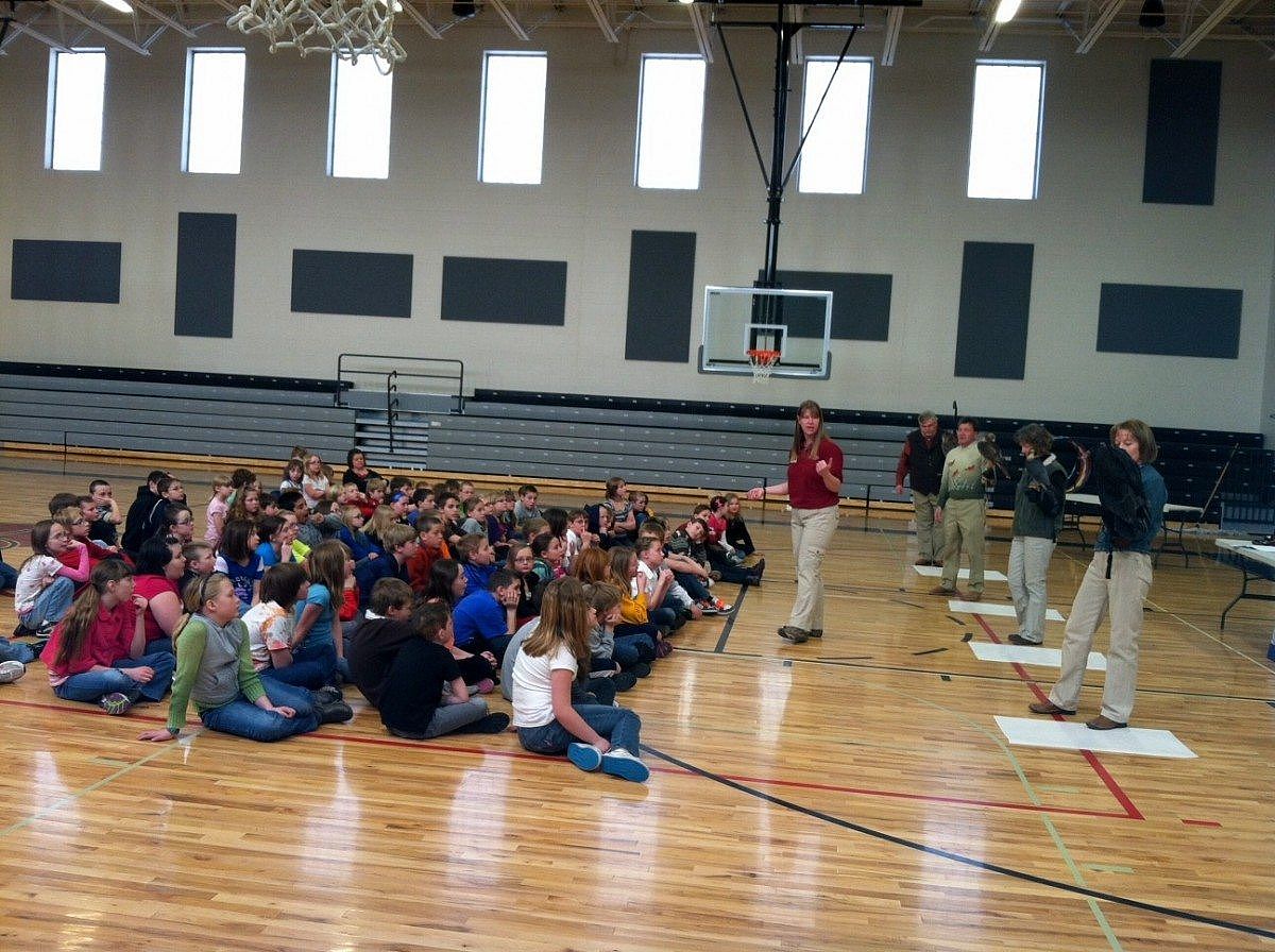 All four birds out during a program for 4th & 5th Graders at Sunset Elementary School.