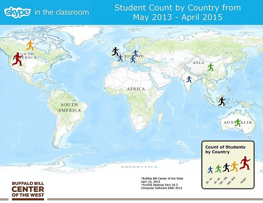 The Center's Skype in the classroom program has had a worldwide impact. (Map by Spencer Smith) 