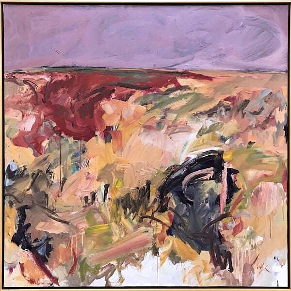 Abstract expressionist art with reds, lavenders, peach, black. Neltje (1934-2021), "My Heart Tumbles," 2003. Acrylic on canvas. Museum Purchase from William E. Weiss Memorial Fund. 1.22