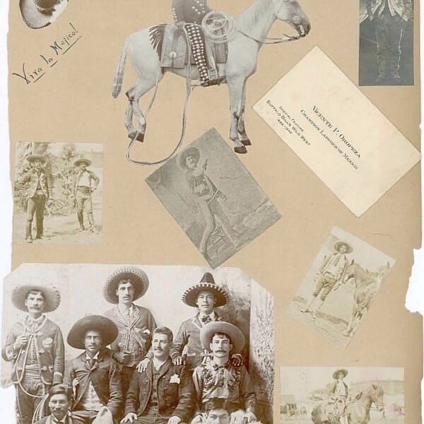 This scrapbook of vaqueros includes Vicente Oropeza's business card. In the middle, bottom photo Oropeza is seen throwing a lasso. MS 6 William F. Cody Collection, McCracken Research Library. MS6.4075.12.0