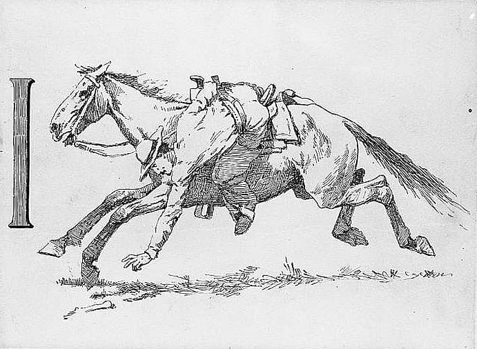Untitled (Ranch Life and the Hunting-Trail, initial-piece for letter I, rancher galloping)