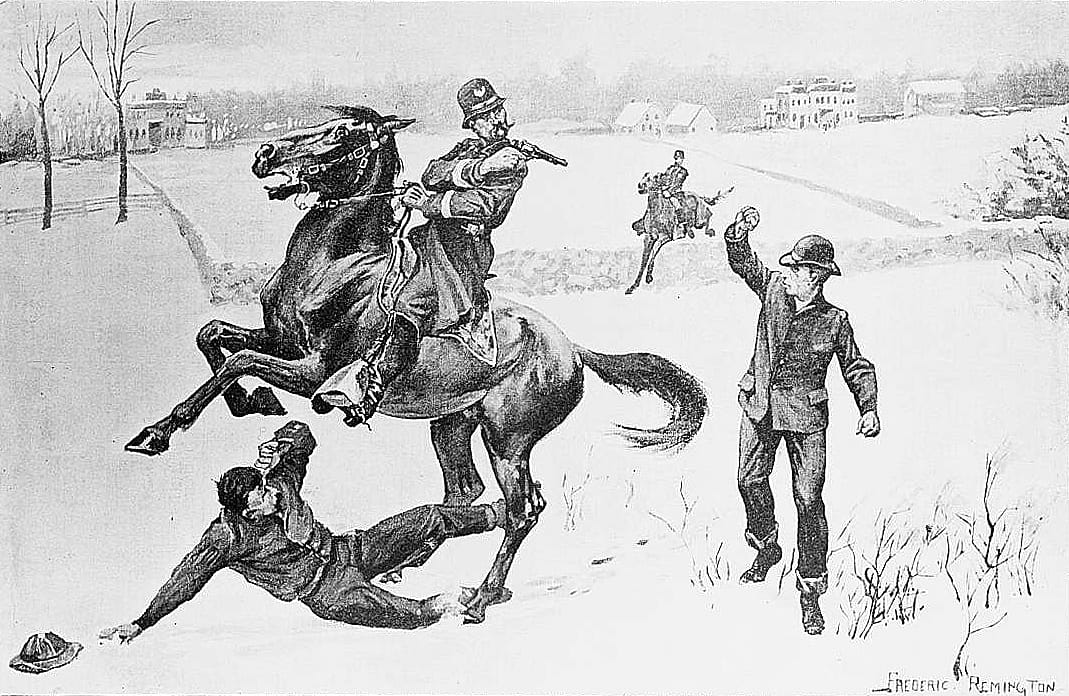 Mounted Policemen Arresting Burglars Uptown in New York