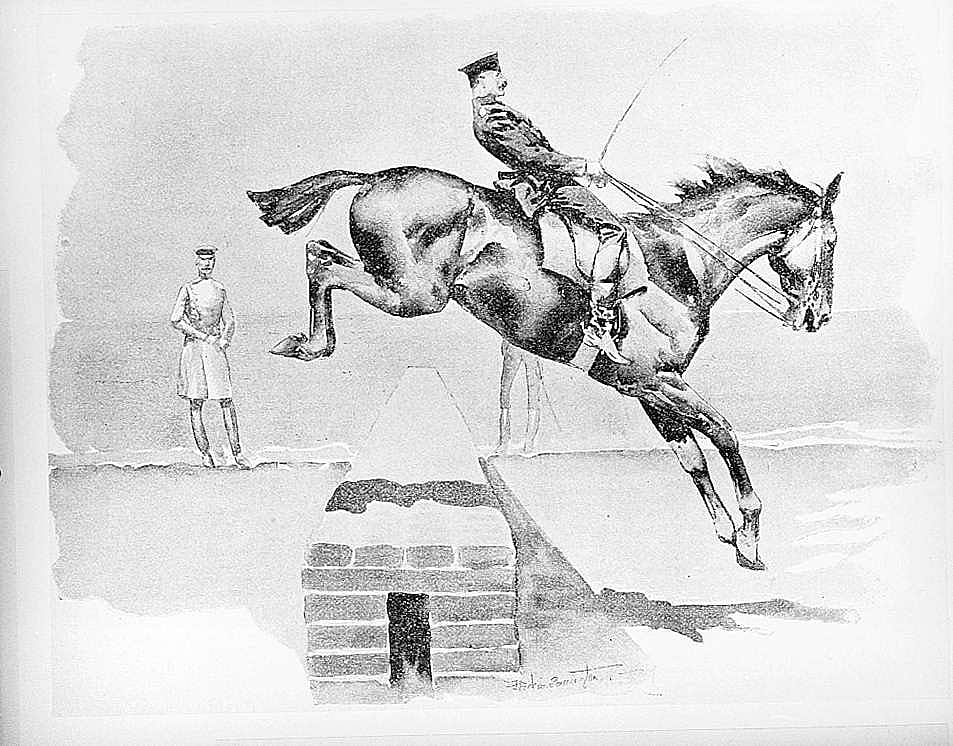Untitled ("The Military Riding-School of Germany," horseman jumping brick wall)