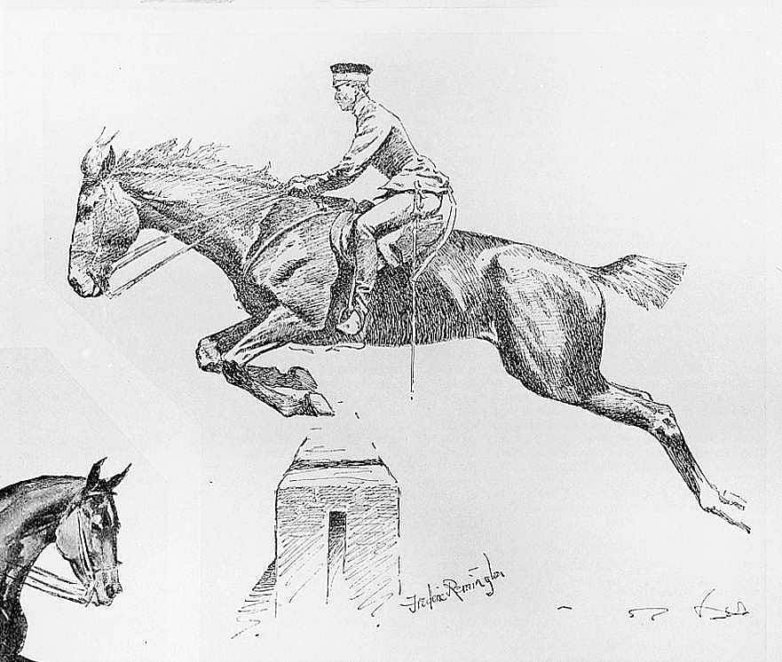 Untitled ("The Military Riding-School of Germany," sketch of horseman jumping brick wall)