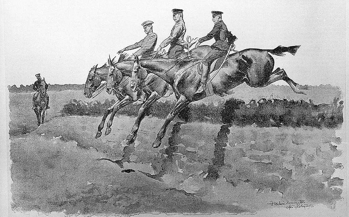 Untitled ("The Military Riding-School of Germany," three horsemen jumping hedge)