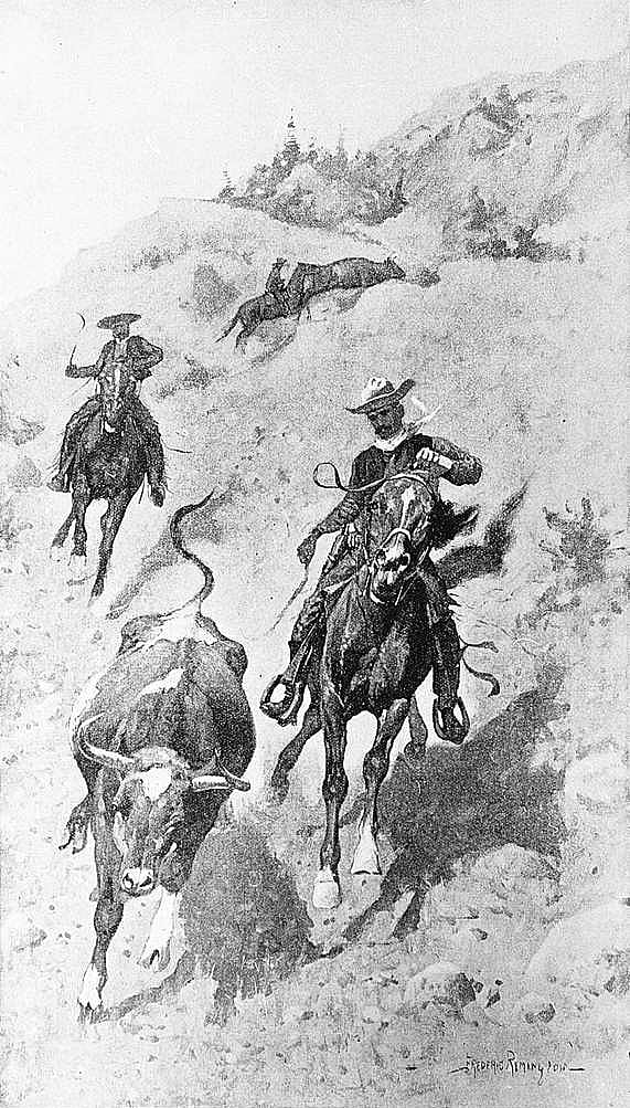 Heading a Steer on the Foothills (In the Foot Hills, altern.), c. 1892
