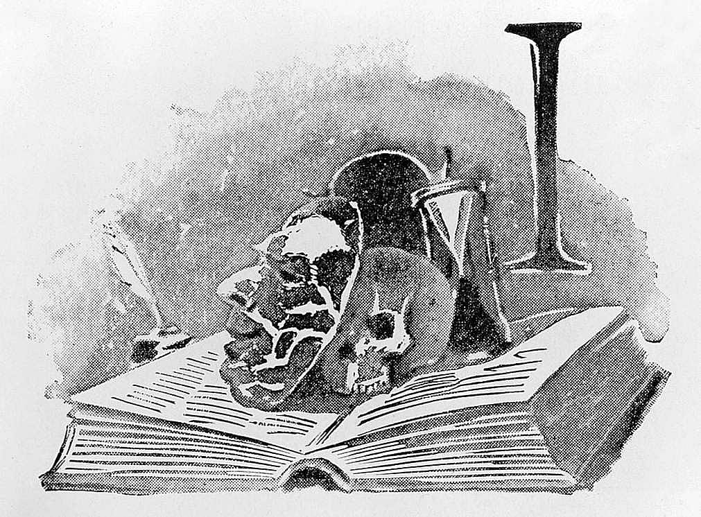 Untitled (Wayside and Fireside Rambles, initial-piece for letter I, book, mask and skull)