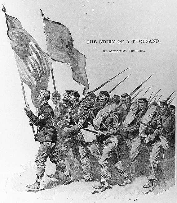 Untitled ("The Story of a Thousand," headpiece, soldiers marching with flags)