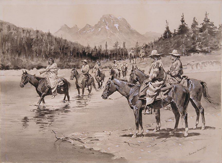 Recent Uprising Among the Bannock Indians--A Hunting Party Fording the Snake River Southwest of the Three Tetons (Mountains)