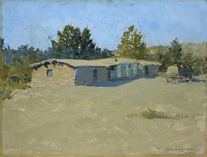 Untitled (log ranch buildings and wagon)