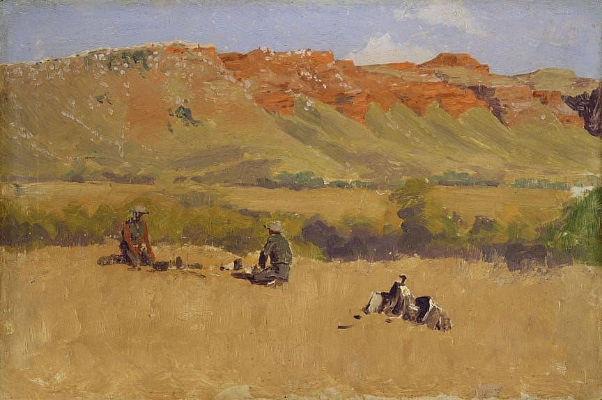 Untitled (two cowboys, saddle on high prairie)