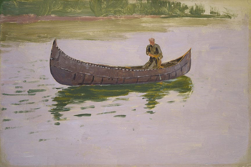 Untitled (birchbark canoe and paddler)