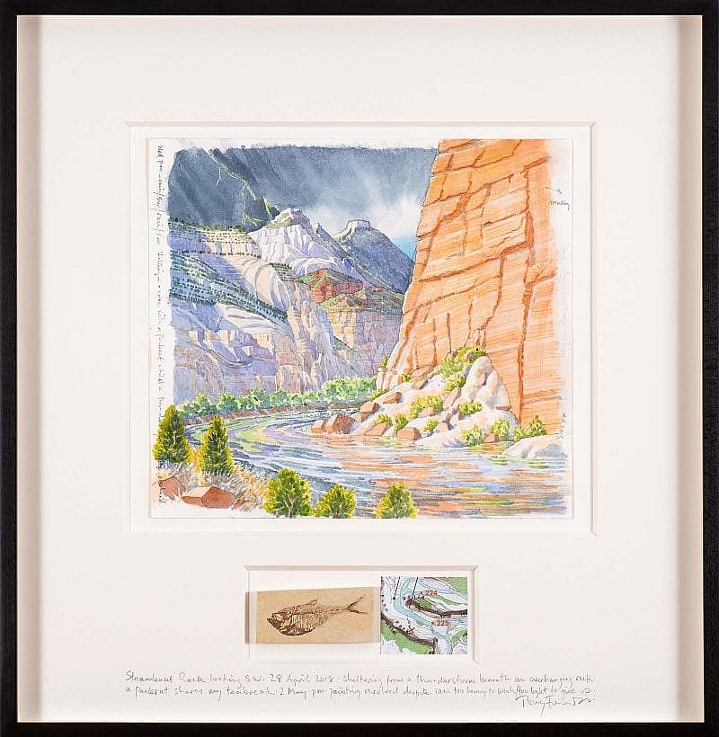 Tony Foster (b. 1946, Lincolnshire, England). "Steamboat Rock from Echo Park," 2018. Watercolour and graphite on paper, with fossilized fish and map, 22 1/2 x 22 inches framed. Collection of The Foster Museum.