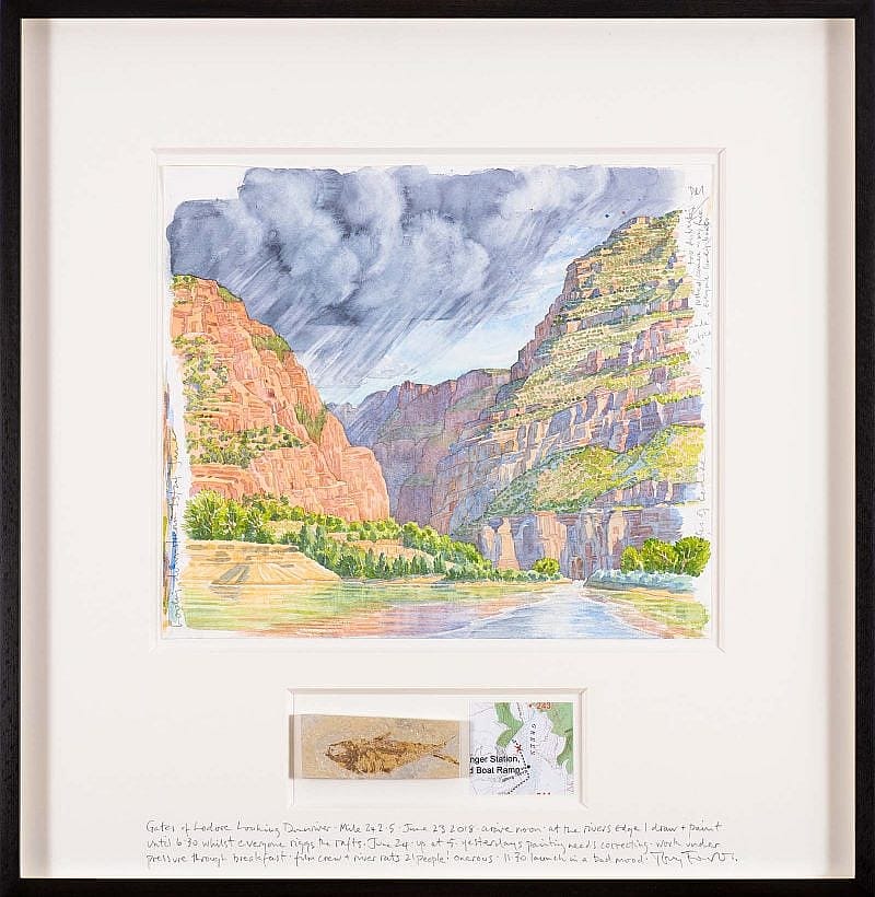 Tony Foster (b. 1946, Lincolnshire, England). "Gates of Lodore Looking Downriver Mile 242.5," 2019. Watercolour and graphite on paper, with fossilized fish and map, 22 1/2 x 22 inches framed. Collection of The Foster Museum.