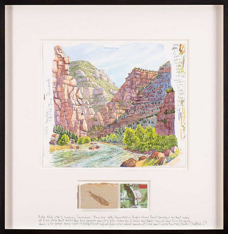 Tony Foster (b. 1946, Lincolnshire, England). "Kolb Mile 234.5 Looking Downriver," 2019. Watercolour and graphite on paper, with fossilized fish and map, 22 1/2 x 22 inches framed. Collection of The Foster Museum.