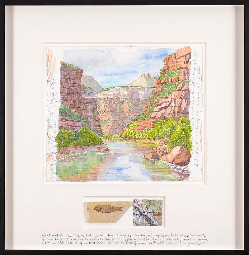 Tony Foster (b. 1946, Lincolnshire, England). "Wild Mountain Mile 229.25 Looking Upriver," 2019. Watercolour and graphite on paper, with fossilized fish and map, 22 1/2 x 22 inches framed. Collection of The Foster Museum.