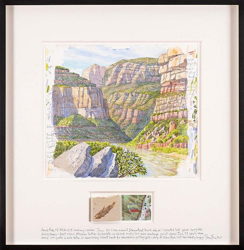 Tony Foster (b. 1946, Lincolnshire, England). "Jones Hole #1 Mile 219 Looking Upriver," 2019. Watercolour and graphite on paper, with fossilized fish and map, 22 1/2 x 22 inches framed. Collection of The Foster Museum.