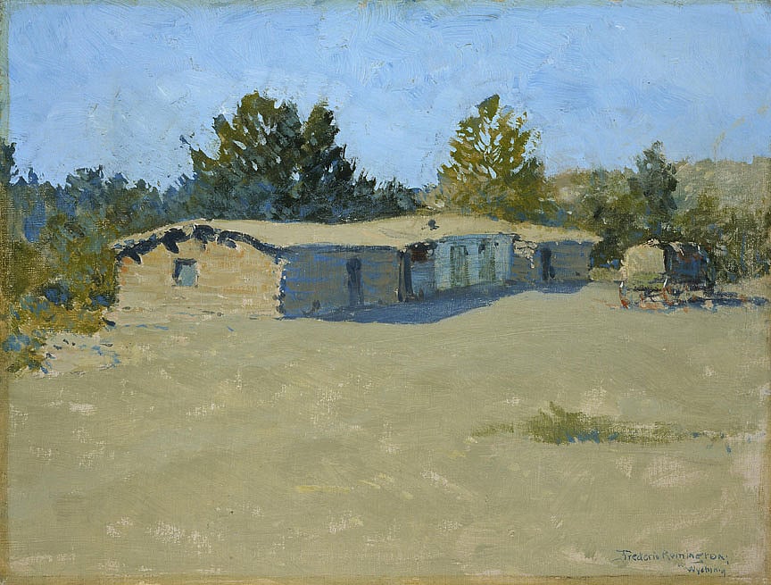 Untitled (log ranch buildings and wagon)
