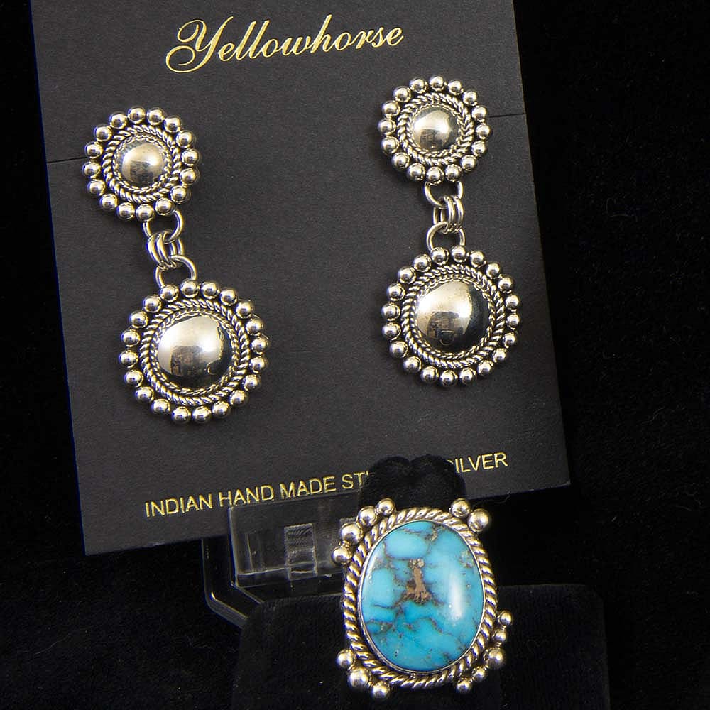 Turquoise earrings and ring, by Artie Yellowhorse